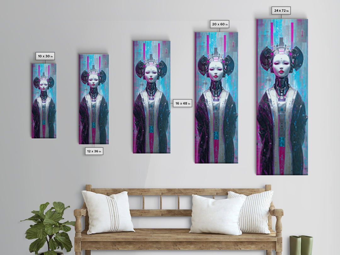 Robot Geisha Portrait Canvas Print, Cyberpunk Art, Cool Wall Art, Living Room Decor, Neon, Gallery Decor, Neutral Decor, CYB-1x3-43