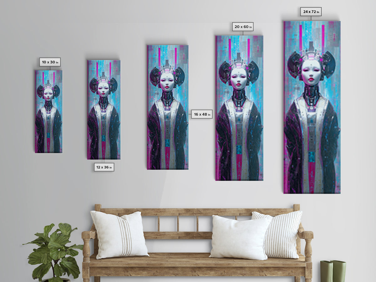 Robot Geisha Portrait Canvas Print, Cyberpunk Art, Cool Wall Art, Living Room Decor, Neon, Gallery Decor, Neutral Decor, CYB-1x3-43