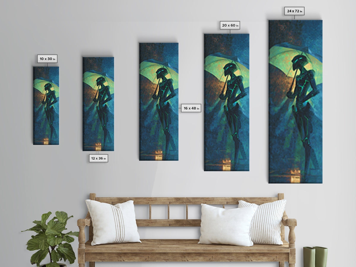 Glowing Umbrella Figure Canvas Print, Cyberpunk Art, Cyberpunk Helmet, Living Room Decor, Fine Art, Neon, Textured Painting, CYB-1x3-51