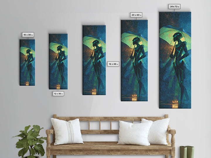Glowing Umbrella Figure Canvas Print, Cyberpunk Art, Cyberpunk Helmet, Living Room Decor, Fine Art, Neon, Textured Painting, CYB-1x3-51