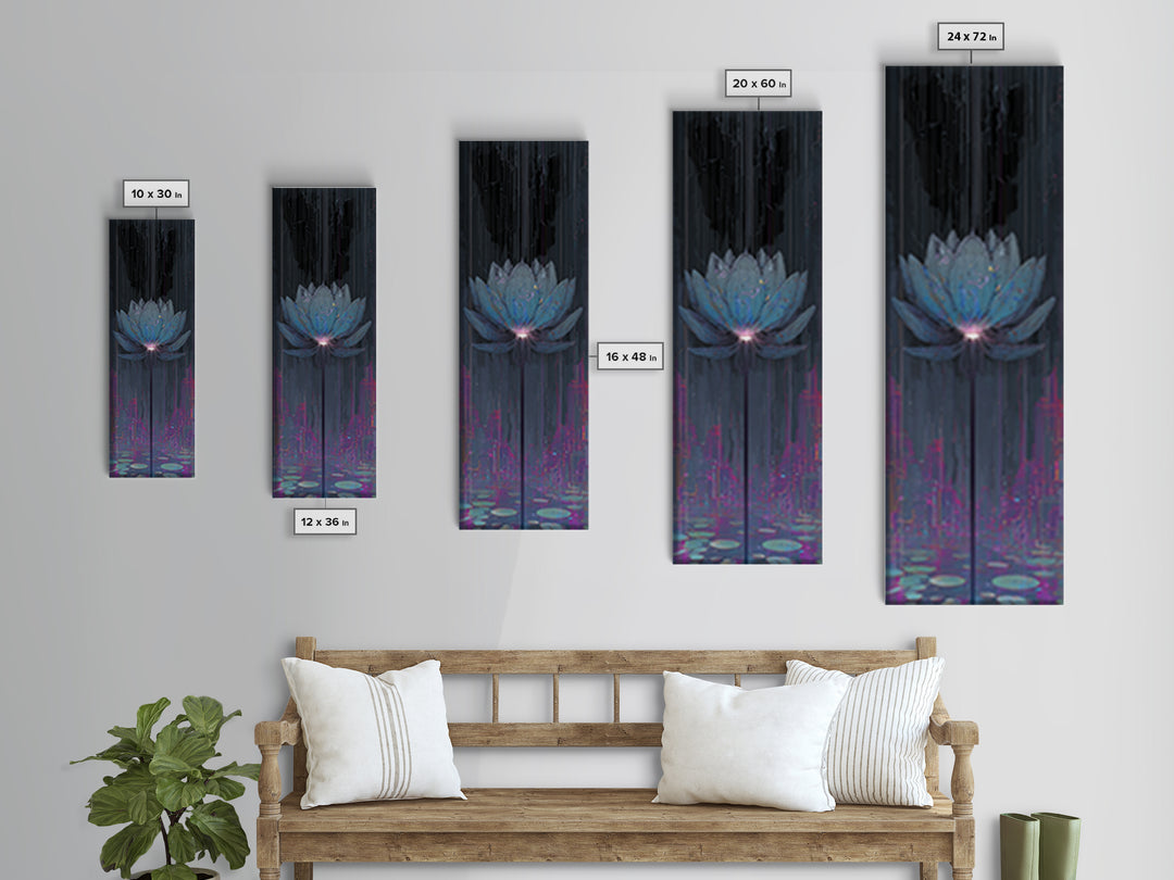 Electric Lotus Flower Framed Canvas Print, Cyberpunk Art, Textured Painting, Living Room Decor, Neon, Digital Wall Art, CYB-1x3-53