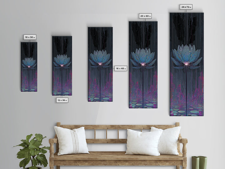 Electric Lotus Flower Framed Canvas Print, Cyberpunk Art, Textured Painting, Living Room Decor, Neon, Digital Wall Art, CYB-1x3-53