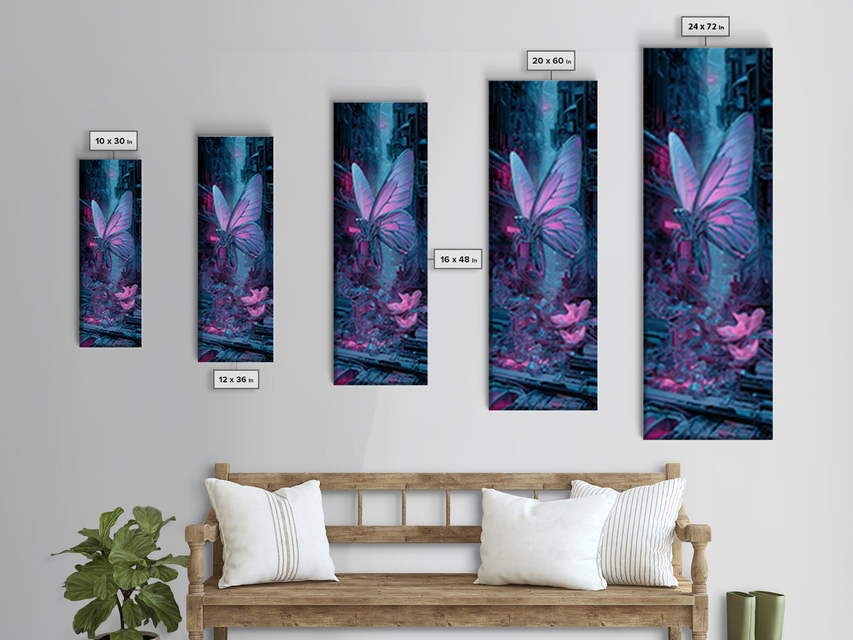 Holographic Butterfly over Black Metal Surface Canvas Print, Cyberpunk Art, Man Cave Decor, Living Room Decor, Fine Art, Neon, CYB-1x3-55