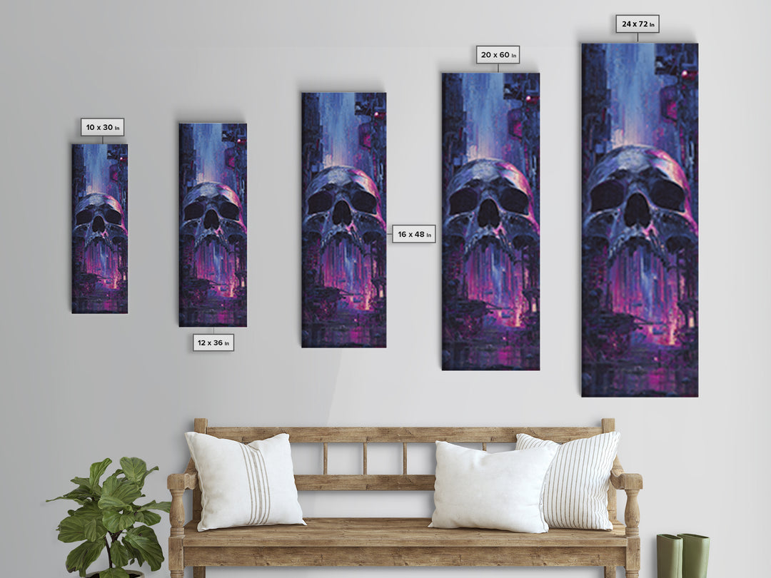 Cyberpunk Skull with Chrome and Violet Light Canvas Print, Cyberpunk Art, Modern Art, Living Room Decor, Fine Art, Neon, CYB-1x3-56