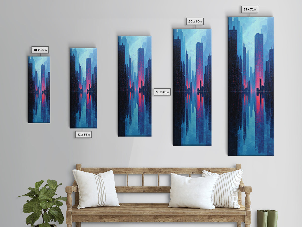 Neon Skyline Reflected Framed Canvas Print, Cyberpunk Art, Modern Wall Decor, Living Room Decor, Abstract Art, Neon, CYB-1x3-58