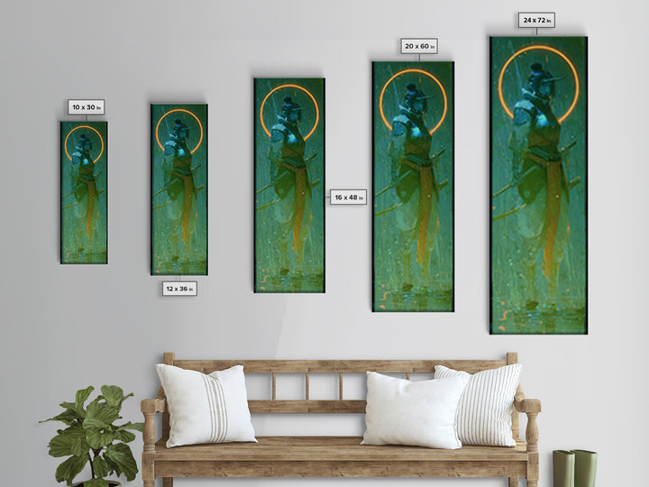 Neon Samurai Portrait Framed Canvas Print, Cyberpunk Art, Cyberpunk, Living Room Decor, Neon, Modern Art, Blue Wall Art, CYB-1x3-61