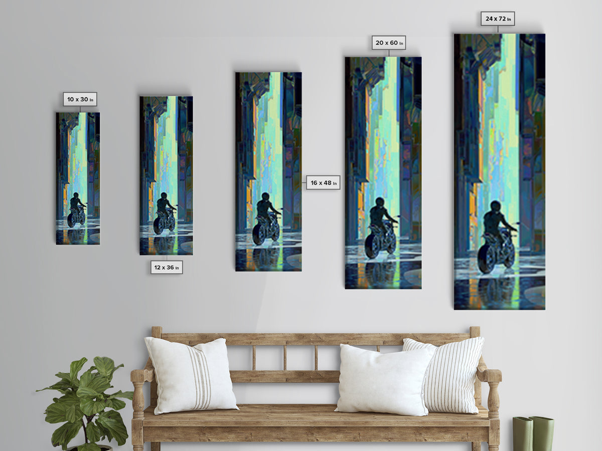 Motorcycle Rider under Holographic Signs Framed Canvas Print, Cyberpunk Art, Cool Wall Art, Living Room Decor, Fine Art, Neon, CYB-1x3-64
