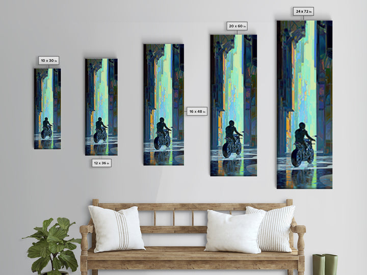 Motorcycle Rider under Holographic Signs Framed Canvas Print, Cyberpunk Art, Cool Wall Art, Living Room Decor, Fine Art, Neon, CYB-1x3-64