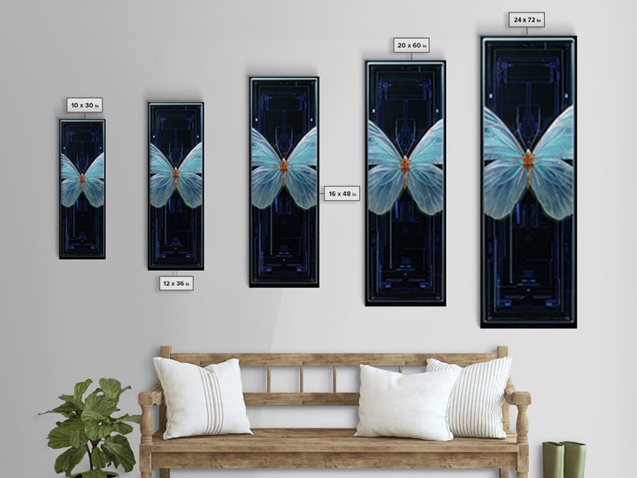 Holographic Butterfly over Black Metal Surface Canvas Print, Cyberpunk Art, Gothic Decor, Living Room Decor, Oil Painting, Neon, CYB-1x3-7