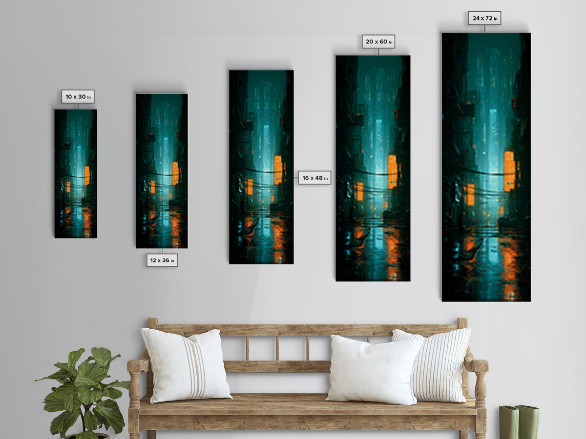 Retro Arcade Dystopia Framed Canvas Print, Cyberpunk Art, Modern Decor, Living Room Decor, Fine Art, Neon, Poster, Wall Decor, CYB-1x3-70