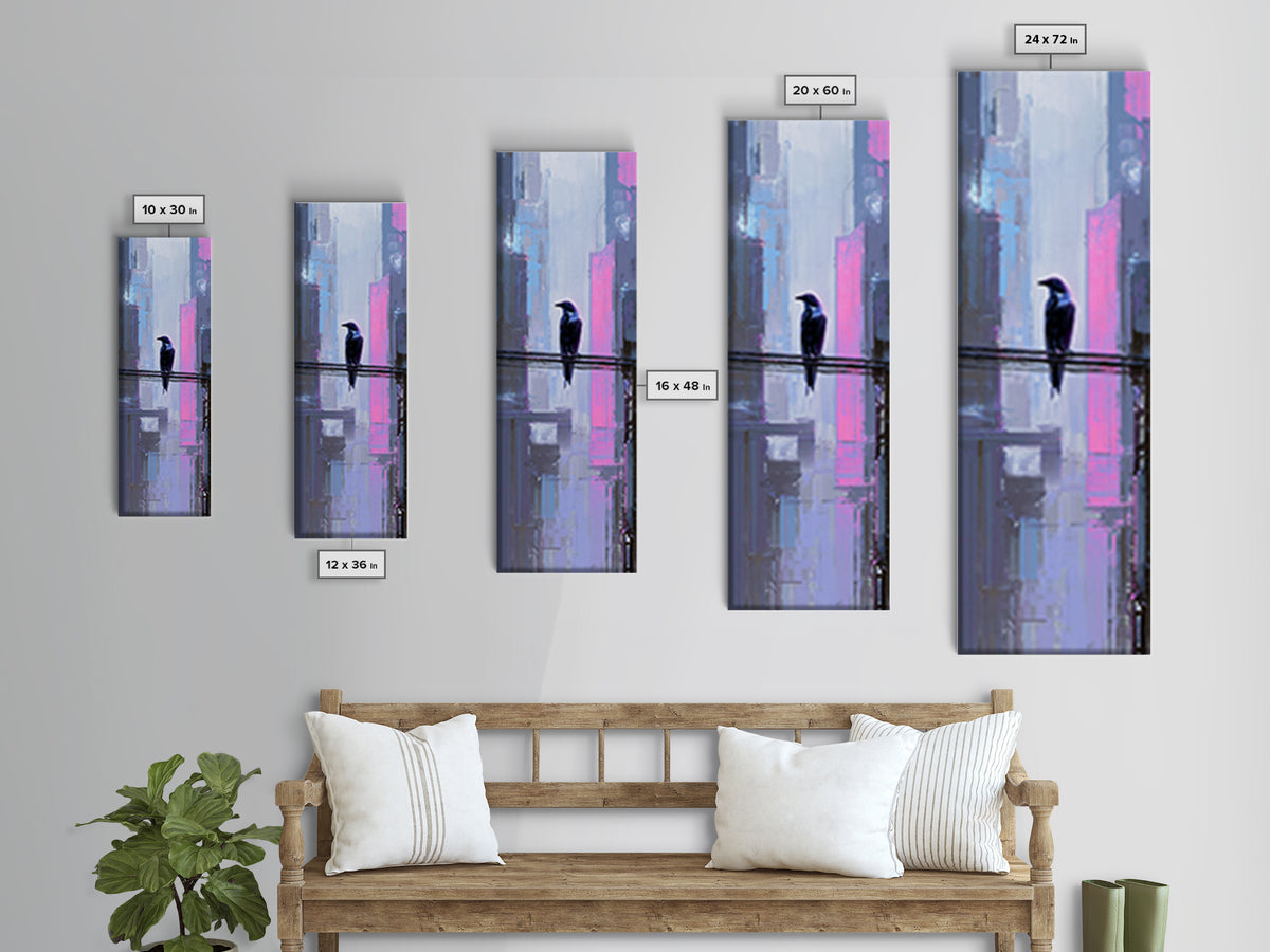 Cybernetic Raven Perched on a Cable Framed Canvas Print, Cyberpunk Art, Gallery Decor, Living Room Decor, Fine Art, Neon, CYB-1x3-71