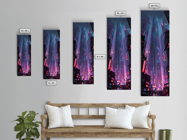 Neon Dragon Wrapped Around Skyscraper Shapes Framed Canvas Print, Cyberpunk Art, Fine Art Print, Living Room Decor, CYB-1x3-74