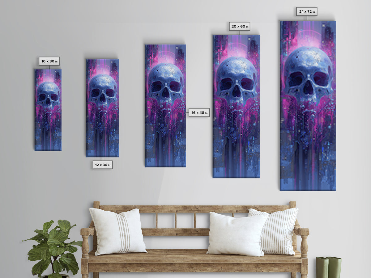 Cyberpunk Skull with Chrome and Violet Light Framed Canvas Print, Cyberpunk Art, Contemporary Art, Living Room Decor, Neon, CYB-1x3-8