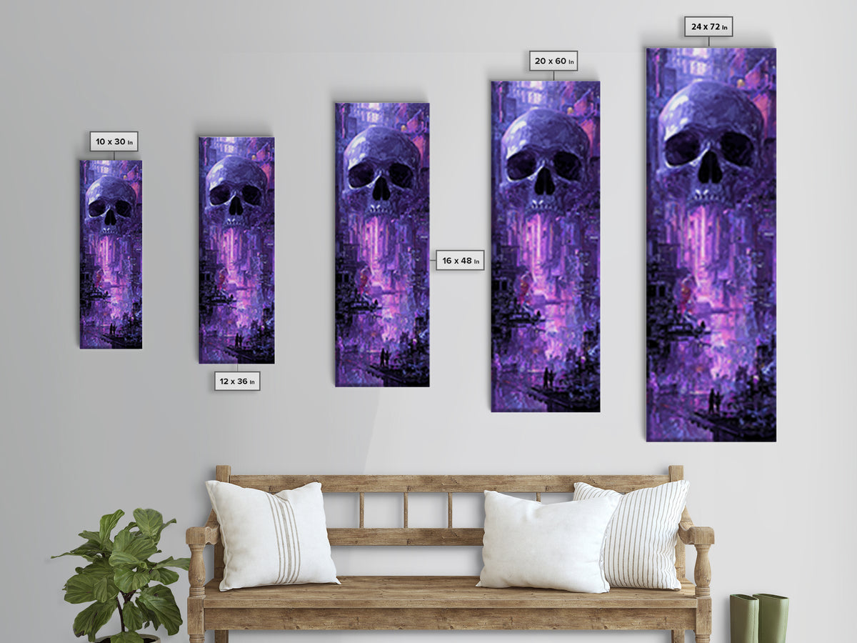 Cyberpunk Skull with Chrome and Violet Light Framed Canvas Print, Cyberpunk Art, Digital Art Print, Living Room Decor, Neon, CYB-1x3-80