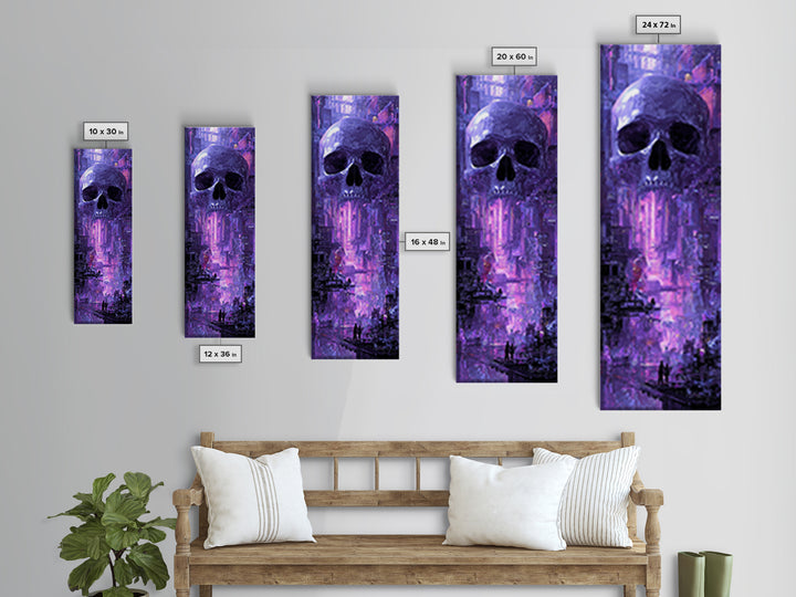 Cyberpunk Skull with Chrome and Violet Light Framed Canvas Print, Cyberpunk Art, Digital Art Print, Living Room Decor, Neon, CYB-1x3-80