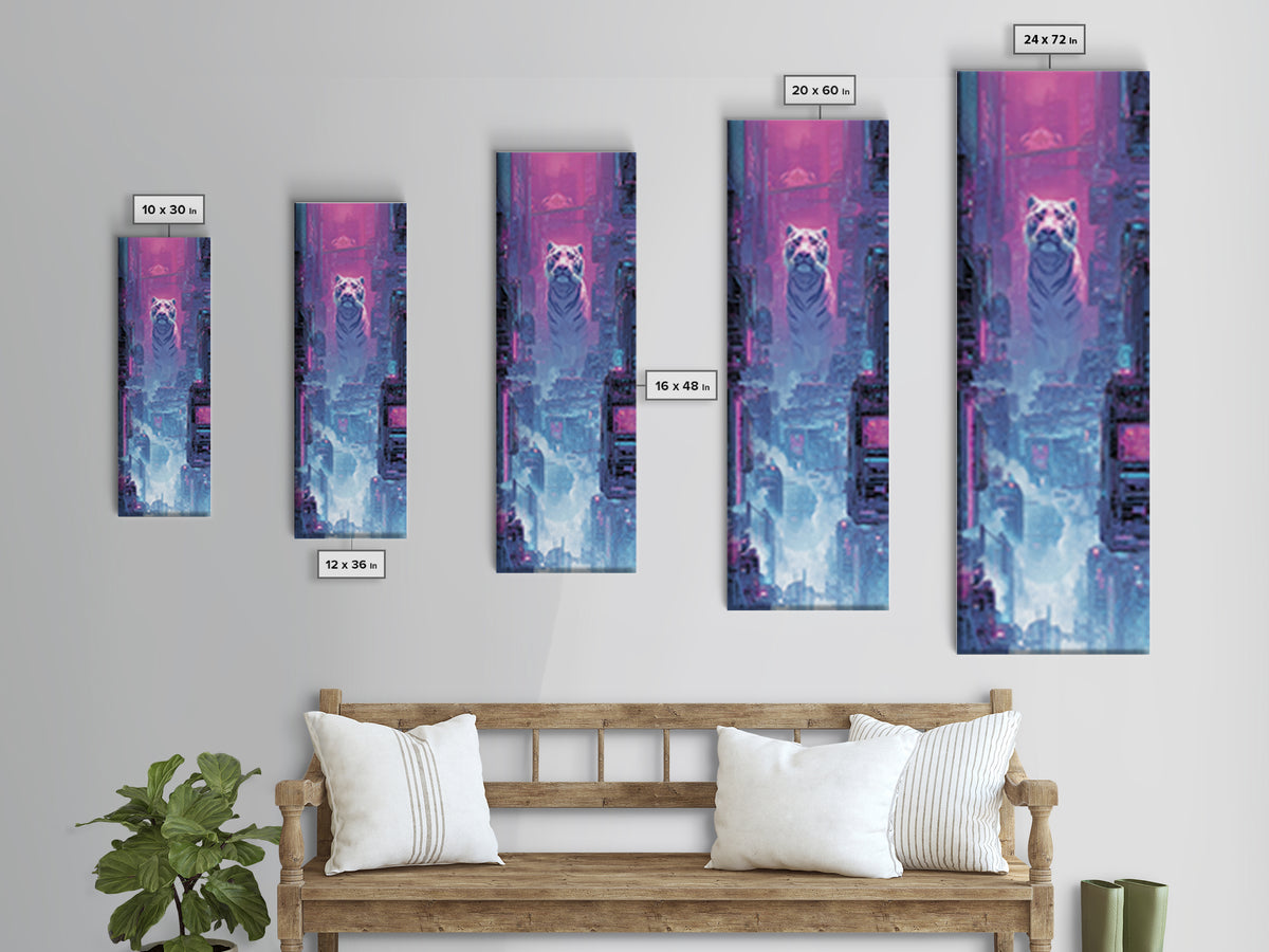 Neon Tiger Emerging from Digital Fog Canvas Print, Cyberpunk Art, Digital Art, Living Room Decor, Fine Art, Neon, Cool Wall Art, CYB-1x3-93
