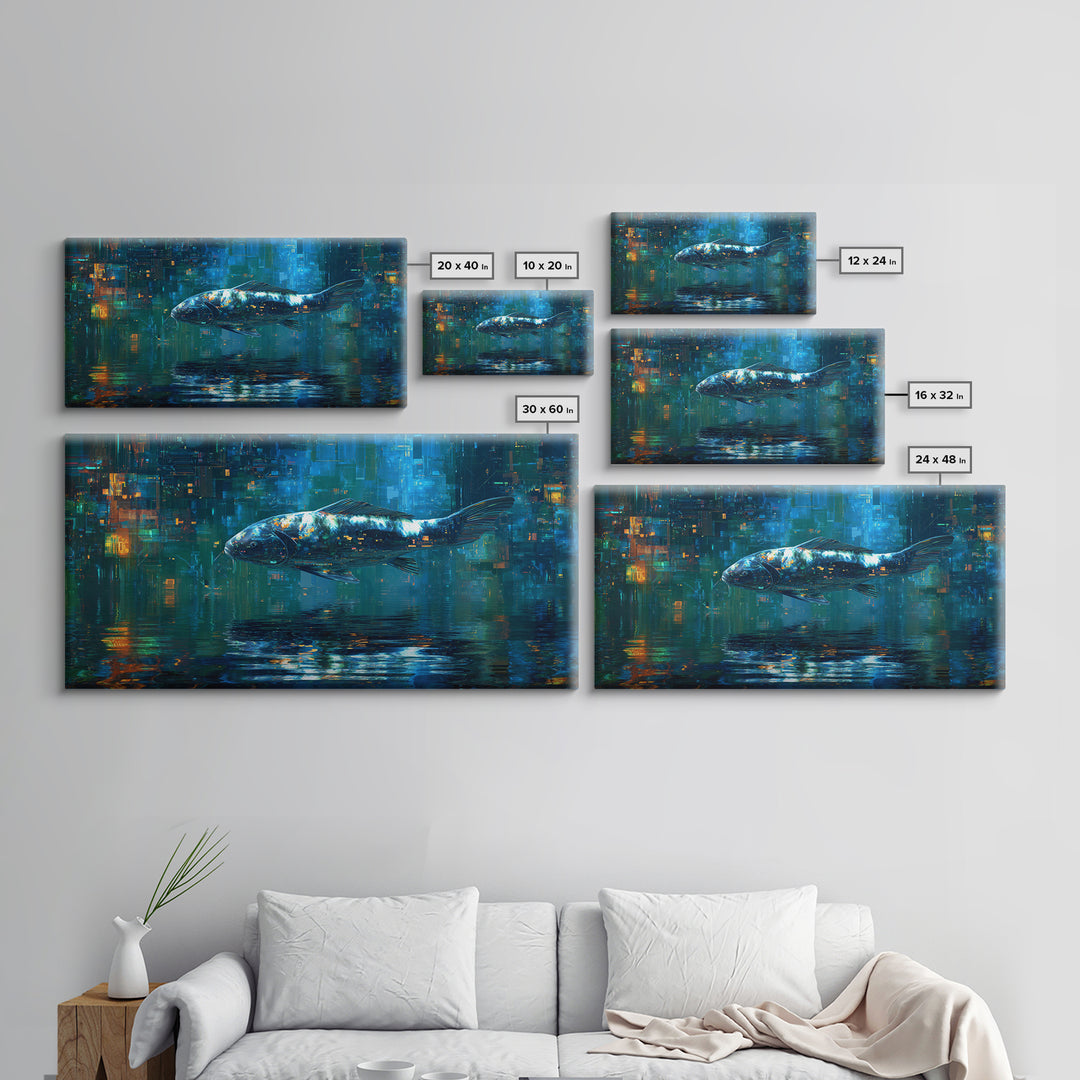 Cyberpunk Koi Swimming Through Electric Blue Water Framed Canvas Print, Cyberpunk Art, Cyberpunk 2077, Living Room Decor, Neon, CYB-2x1-1