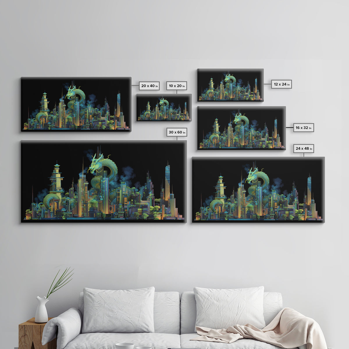 Neon Dragon Wrapped Around Skyscraper Shapes Framed Canvas Print, Cyberpunk Art, Living Room Decor, Abstract Art, Neon, CYB-2x1-10