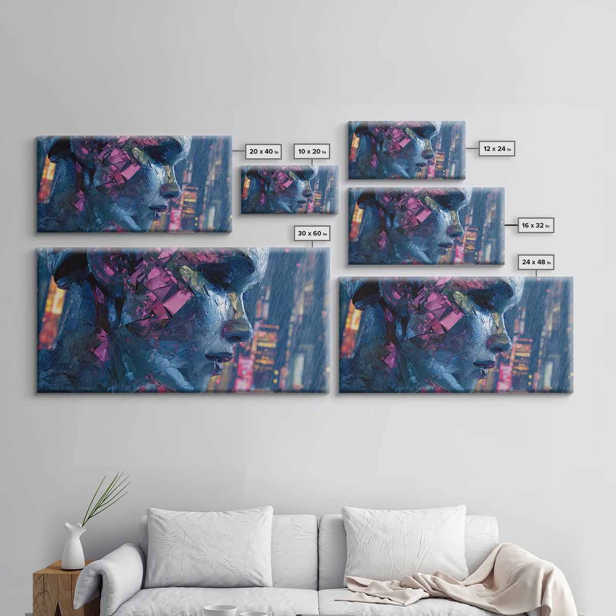 Ai Mask Portrait Framed Canvas Print, Cyberpunk Art, Statement Artwork, Living Room Decor, Fine Art, Neon, Art Print, CYB-2x1-20