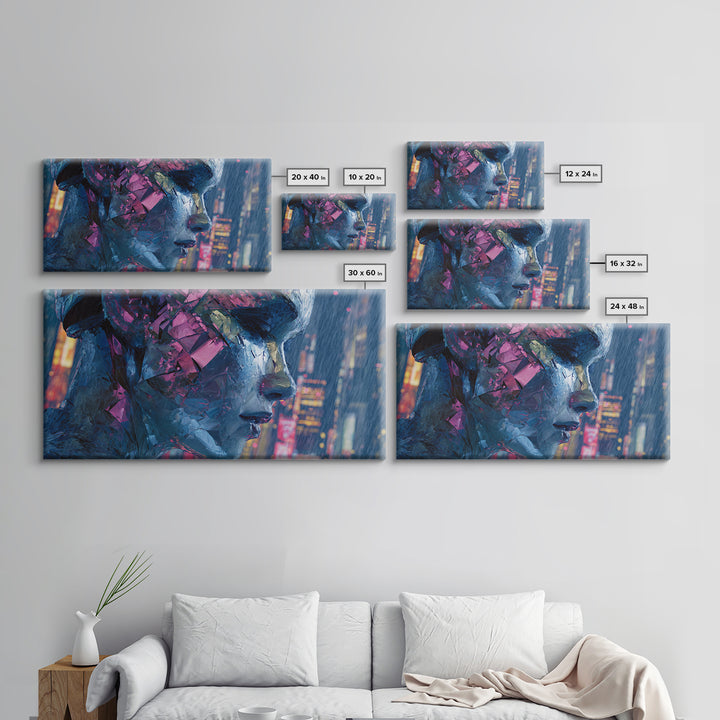 Ai Mask Portrait Framed Canvas Print, Cyberpunk Art, Statement Artwork, Living Room Decor, Fine Art, Neon, Art Print, CYB-2x1-20