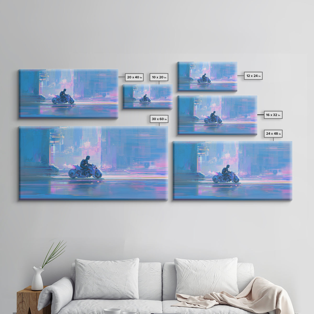 Motorcycle Rider under Holographic Signs Framed Canvas Print, Cyberpunk Art, Minimalist Decor, Living Room Decor, Neon, CYB-2x1-24