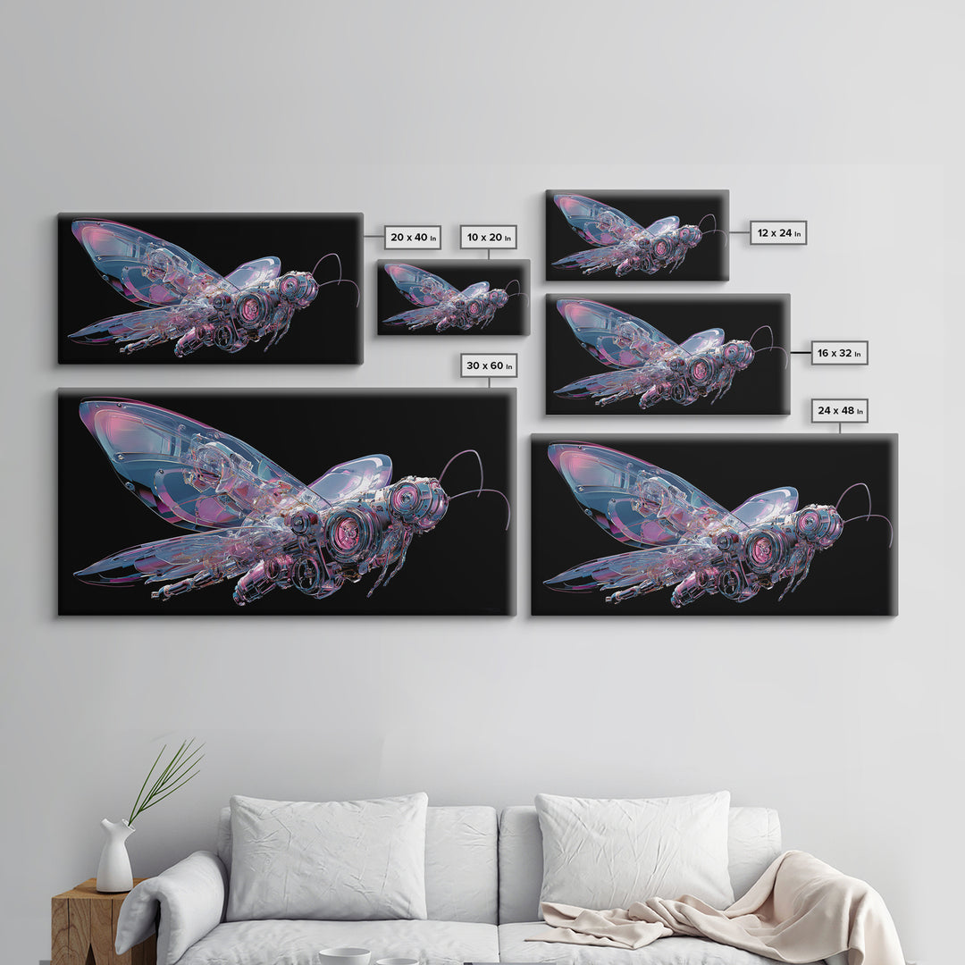 Holographic Butterfly over Black Metal Surface Canvas Print, Cyberpunk Art, Printable Wall Art, Living Room Decor, Neon, CYB-2x1-39