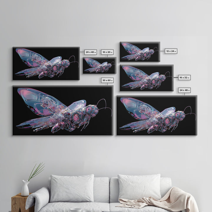 Holographic Butterfly over Black Metal Surface Canvas Print, Cyberpunk Art, Printable Wall Art, Living Room Decor, Neon, CYB-2x1-39