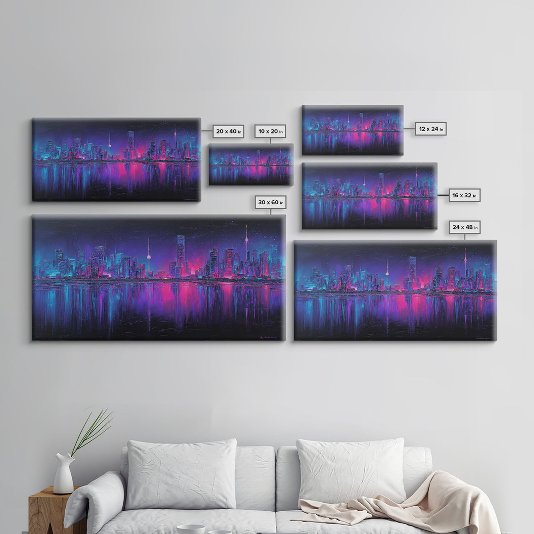 Neon Skyline Reflected Framed Canvas Print, Cyberpunk Art, Room Decor, Living Room Decor, Abstract Art, Neon 142, Cyberpunk, CYB-2x1-42