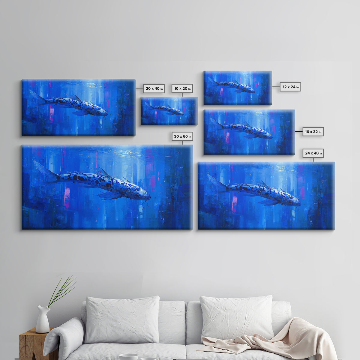 Cyberpunk Koi Swimming Through Electric Blue Water Canvas Print, Cyberpunk Art, Japanese Wall Art, Living Room Decor, Neon, CYB-2x1-49