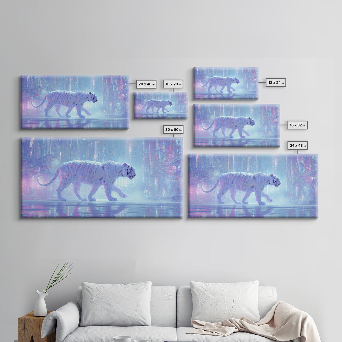 Neon Tiger Emerging from Digital Fog Framed Canvas Print, Cyberpunk Art, Digital Wall Art, Living Room Decor, Watercolor Art, CYB-2x1-5