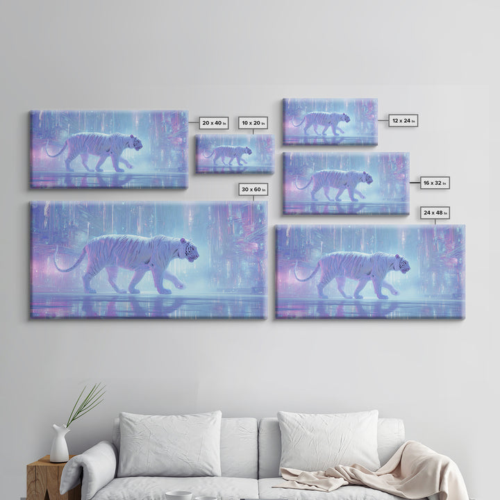 Neon Tiger Emerging from Digital Fog Framed Canvas Print, Cyberpunk Art, Digital Wall Art, Living Room Decor, Watercolor Art, CYB-2x1-5