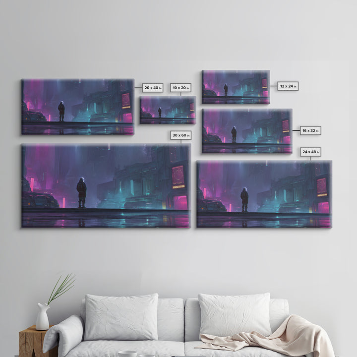 Masked Hacker Figure Framed Canvas Print, Cyberpunk Art, Wall Decor, Living Room Decor, Fine Art, Neon, Japanese Art, CYB-2x1-50