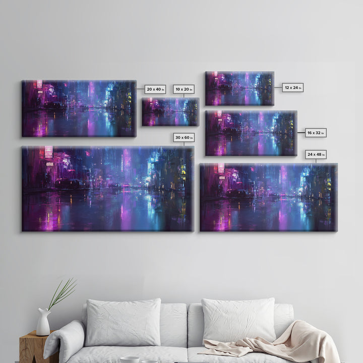 Rain Soaked Alley Canvas Print, Cyberpunk Art, Art Print, Living Room Decor, Abstract Art, Neon, Blue Wall Art, Cool Wall Art, CYB-2x1-52