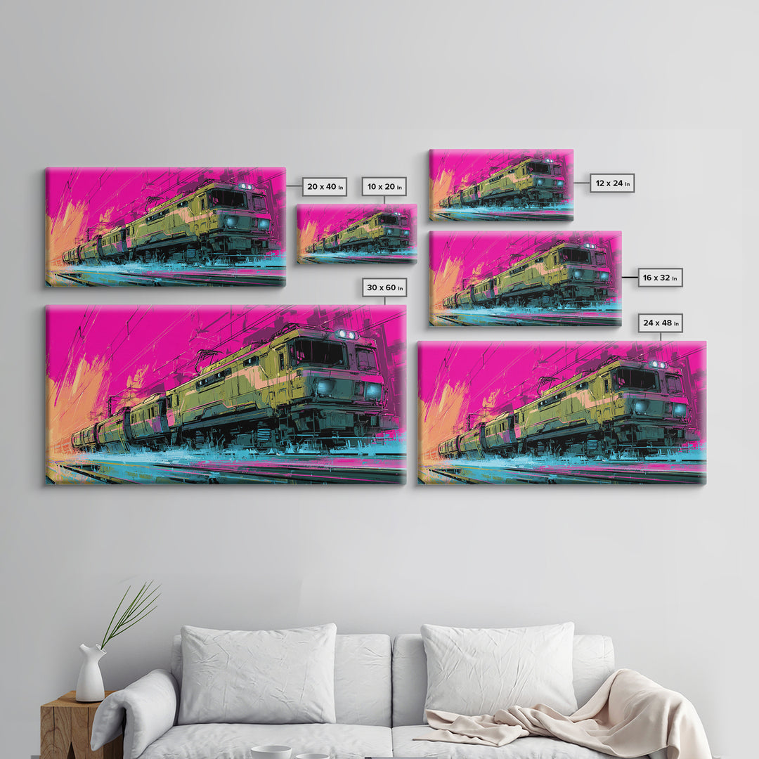 City Train Rushing Through Pink Electric Haze Canvas Print, Cyberpunk Art, Gothic Decor, Living Room Decor, Fine Art, Neon, CYB-2x1-57