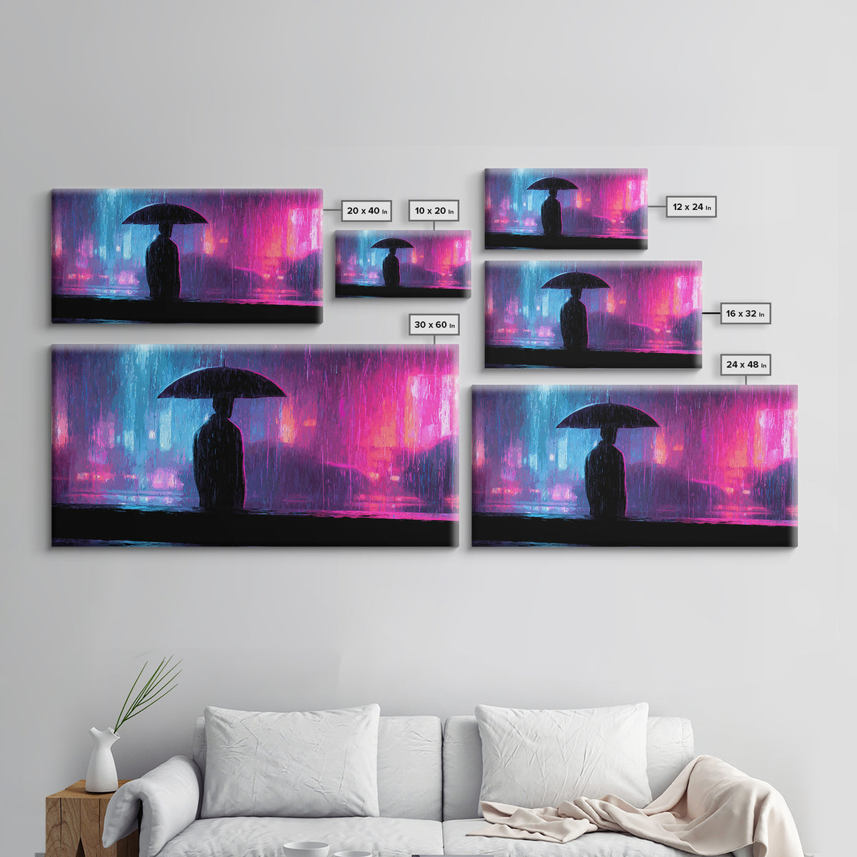 Glowing Umbrella Figure Framed Canvas Print, Cyberpunk Art, Cyberpunk Jacket, Living Room Decor, Fine Art, Neon, Boho Decor, CYB-2x1-59