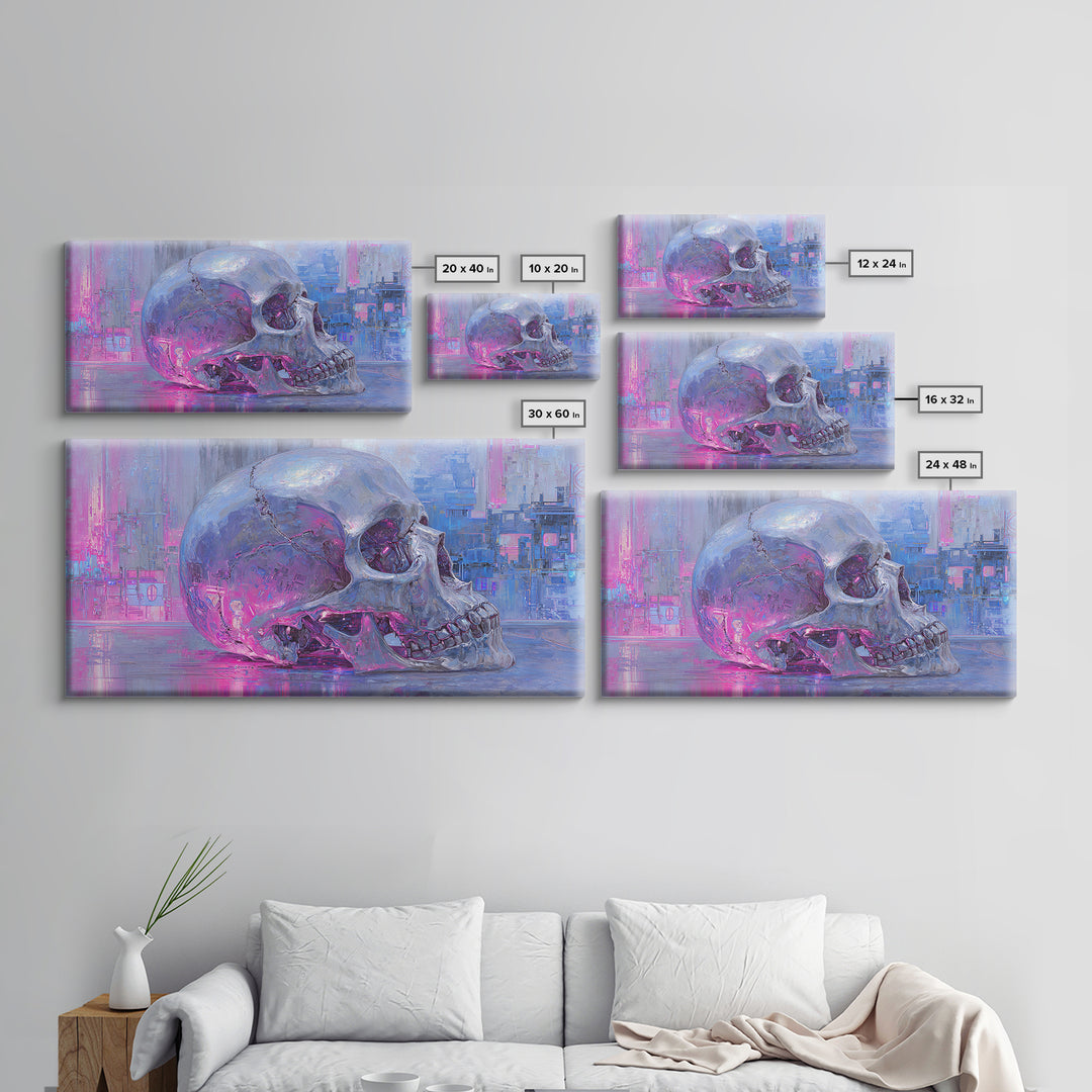 Cyberpunk Skull with Chrome and Violet Light Canvas Print, Cyberpunk Art, Cyberpunk 2077, Living Room Decor, Fine Art, Neon, CYB-2x1-64