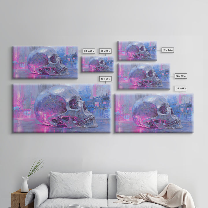 Cyberpunk Skull with Chrome and Violet Light Canvas Print, Cyberpunk Art, Cyberpunk 2077, Living Room Decor, Fine Art, Neon, CYB-2x1-64