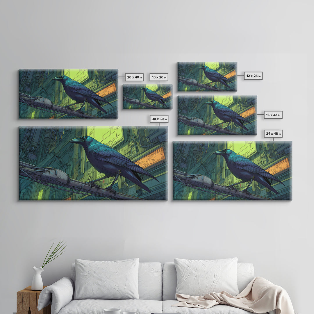 Cybernetic Raven Perched on a Cable Framed Canvas Print, Cyberpunk Art, Art Print, Living Room Decor, Fine Art, Neon, CYB-2x1-7