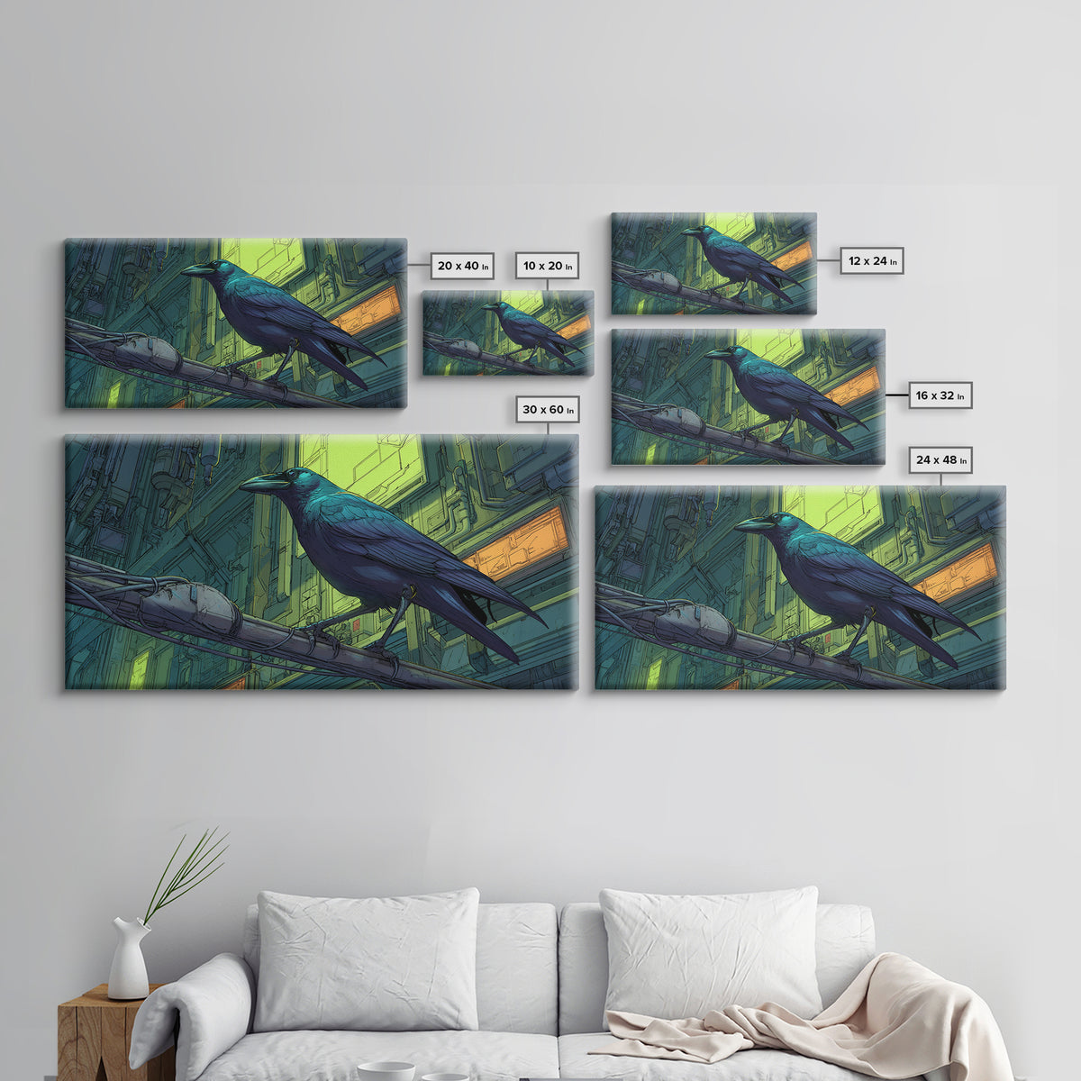Cybernetic Raven Perched on a Cable Framed Canvas Print, Cyberpunk Art, Art Print, Living Room Decor, Fine Art, Neon, CYB-2x1-7