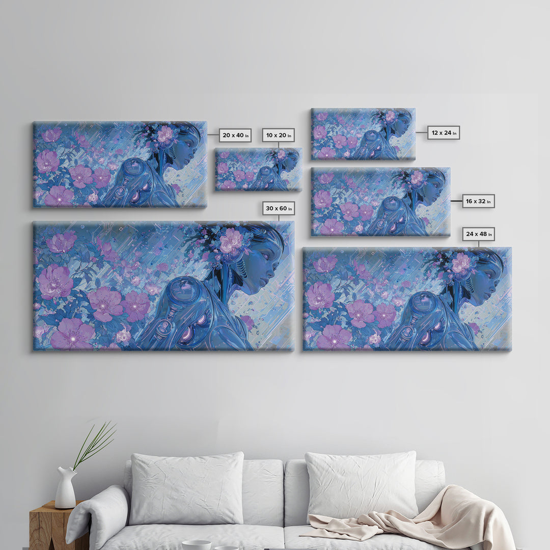 Android Woman with Glowing Circuitry and Flowers Canvas Print, Cyberpunk Art, Cyberpunk Helmet, Living Room Decor, Neon, CYB-2x1-71