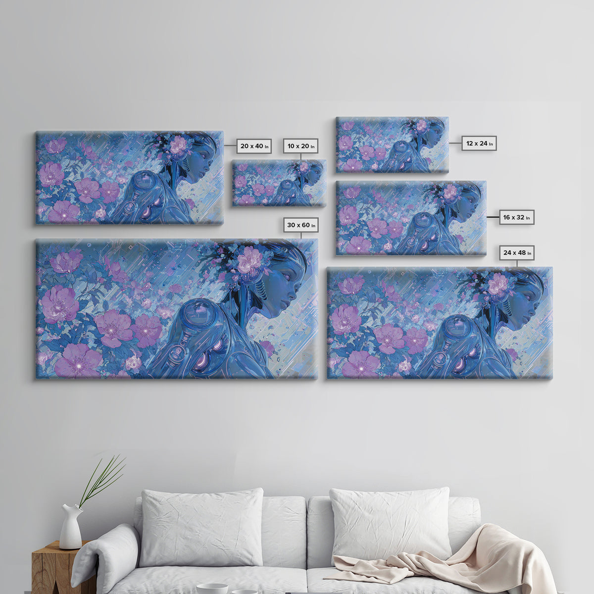 Android Woman with Glowing Circuitry and Flowers Canvas Print, Cyberpunk Art, Cyberpunk Helmet, Living Room Decor, Neon, CYB-2x1-71