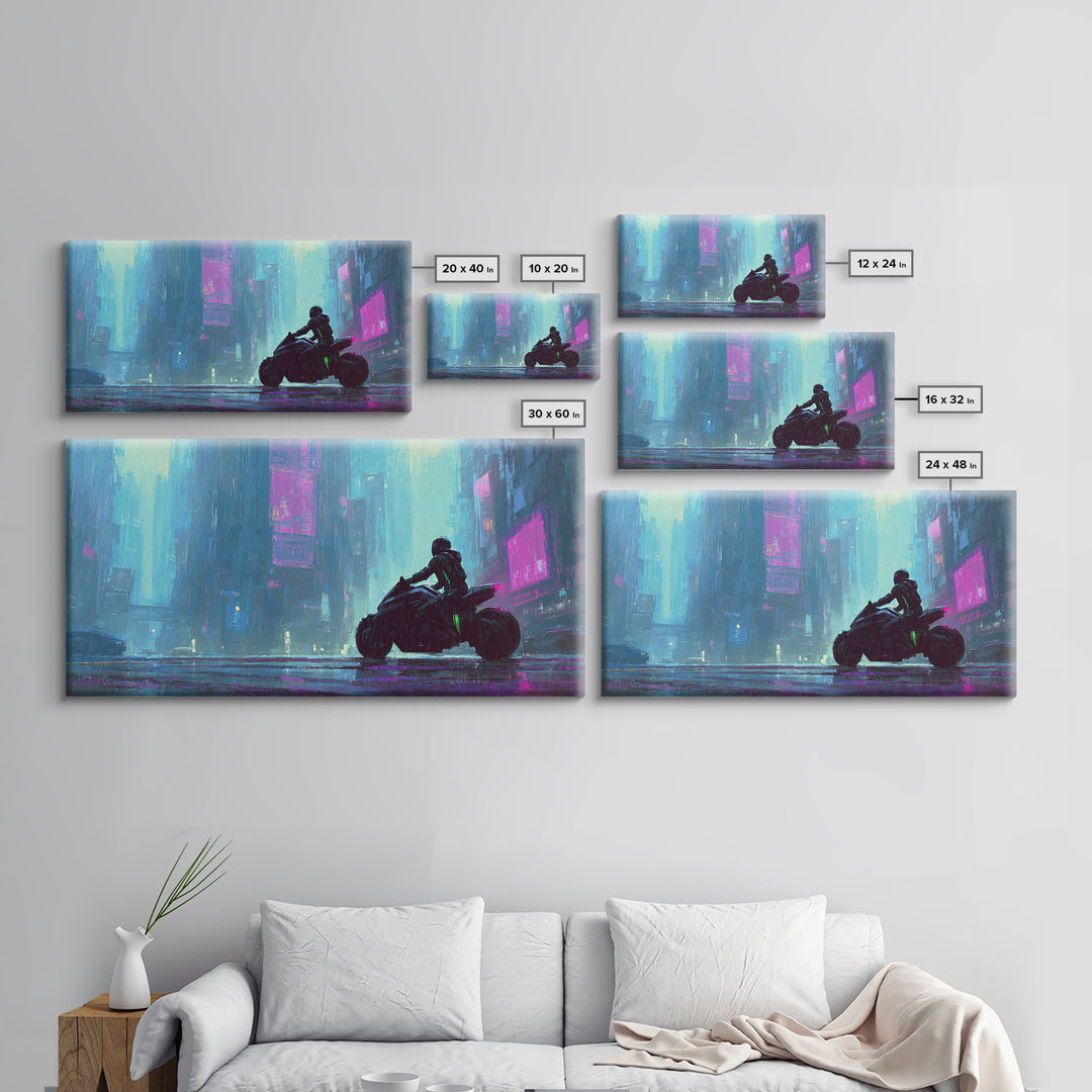 Motorcycle Rider under Holographic Signs Framed Canvas Print, Cyberpunk Art, Gothic Decor, Living Room Decor, Fine Art, Neon, CYB-2x1-72
