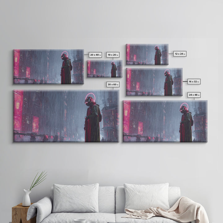Masked Hacker Figure Canvas Print, Cyberpunk Art, Digital Wall Art, Living Room Decor, Fine Art, Neon, Man Cave Decor, CYB-2x1-74