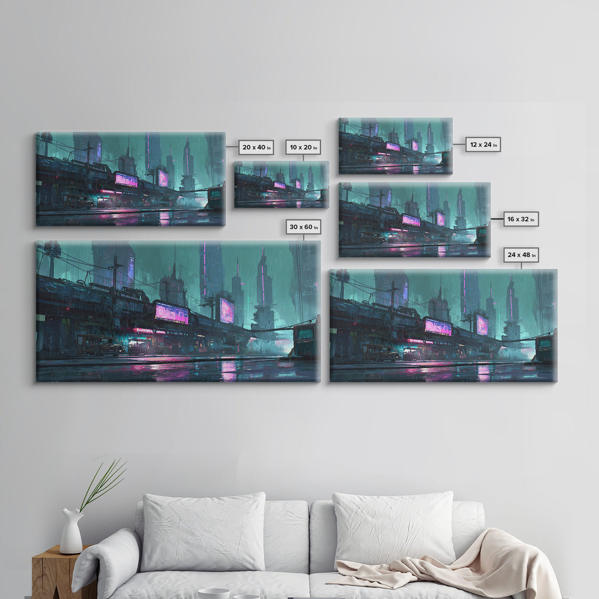Retro Arcade Dystopia Canvas Print, Cyberpunk Art, Cyberpunk, Living Room Decor, Fine Art, Neon, Modern Art, Blue Wall Art, CYB-2x1-78