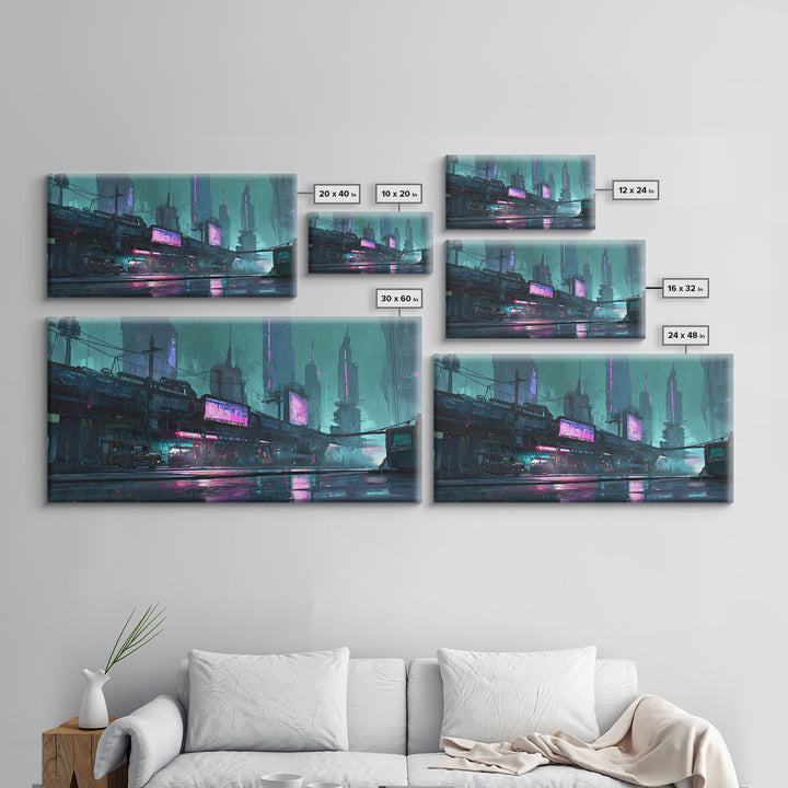 Retro Arcade Dystopia Canvas Print, Cyberpunk Art, Cyberpunk, Living Room Decor, Fine Art, Neon, Modern Art, Blue Wall Art, CYB-2x1-78