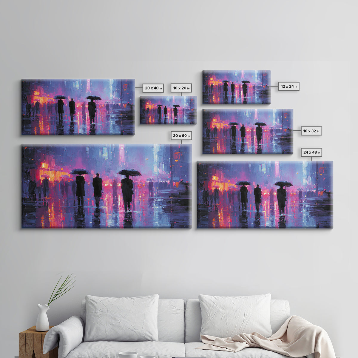 Glowing Umbrella Figure Framed Canvas Print, Cyberpunk Art, Wall Decor, Living Room Decor, Fine Art, Neon, Japanese Art, CYB-2x1-83