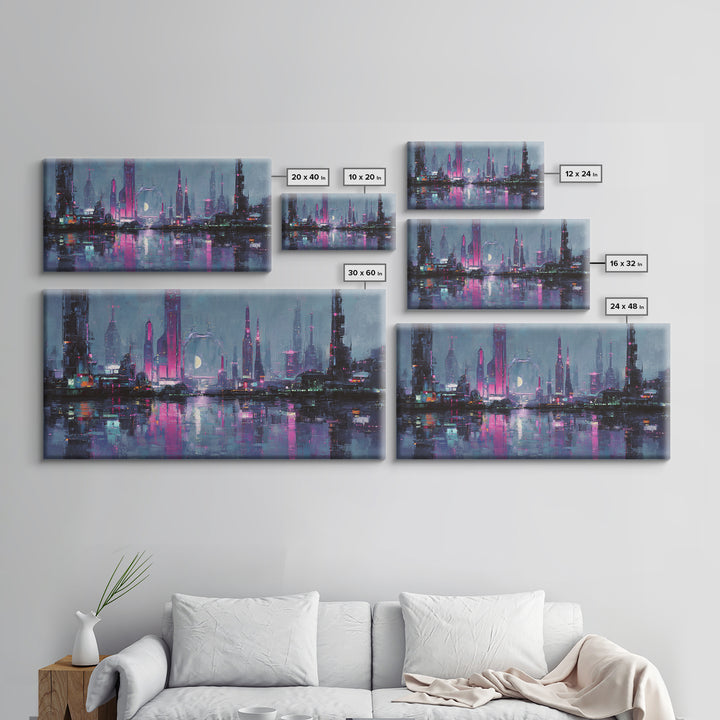 Dystopian Moon over Dense Rooftops Framed Canvas Print, Cyberpunk Art, Digital Art, Living Room Decor, Fine Art, Neon, CYB-2x1-86