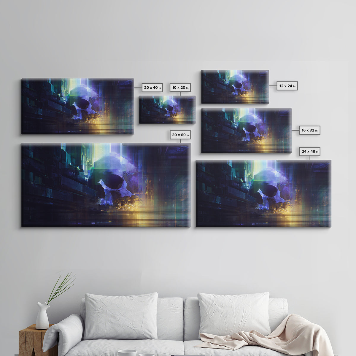 Cyberpunk Skull with Chrome and Violet Light Framed Canvas Print, Cyberpunk Art, Japanese Wall Art, Living Room Decor, Neon, CYB-2x1-88