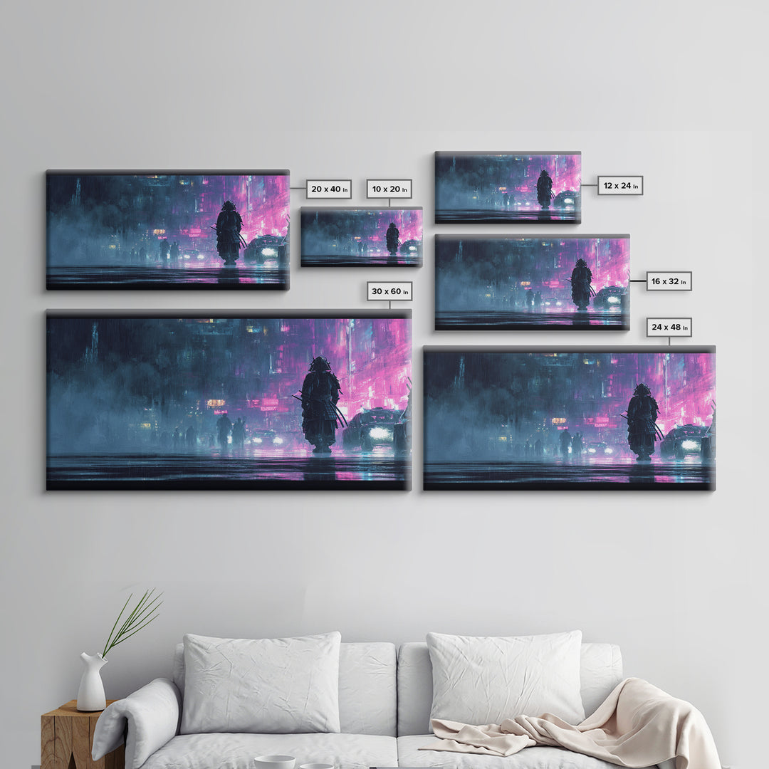Neon Samurai Portrait Canvas Print, Cyberpunk Art, Cool Wall Art, Living Room Decor, Neon, Gallery Decor, Neutral Decor, CYB-2x1-93