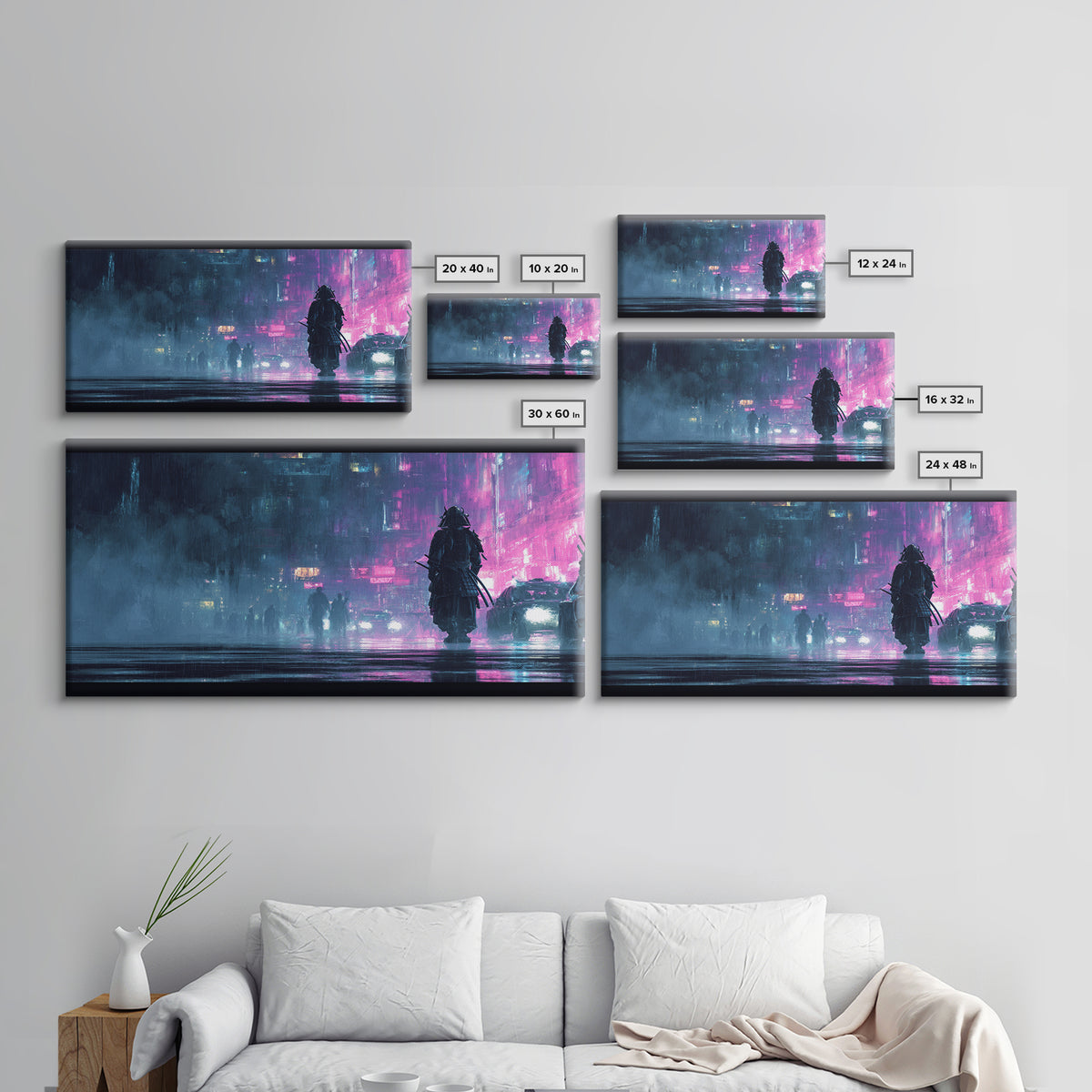 Neon Samurai Portrait Canvas Print, Cyberpunk Art, Cool Wall Art, Living Room Decor, Neon, Gallery Decor, Neutral Decor, CYB-2x1-93